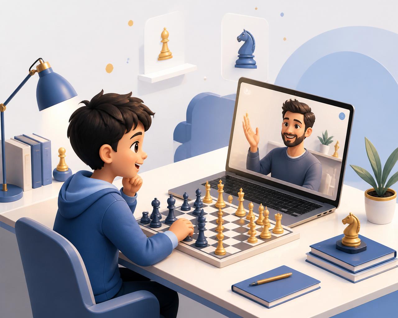 Child learning chess online with a coach